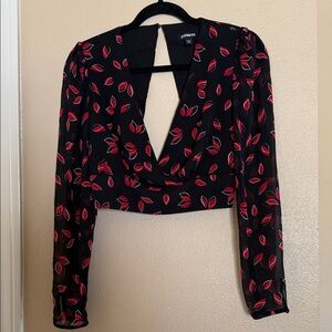 Express Black and Red Leaf Pattern Blouse